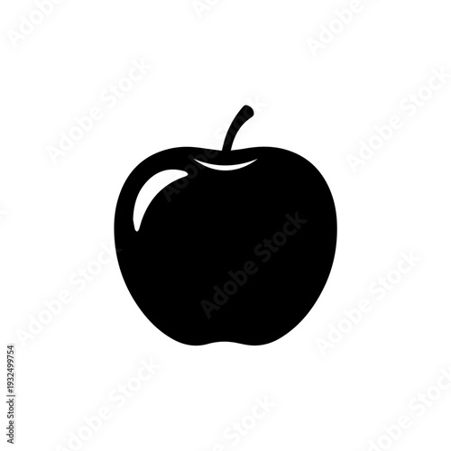 A sleek black and white illustration of a simple apple with a stem.