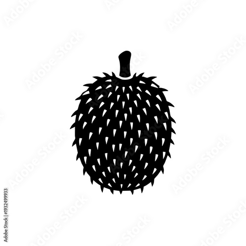 Black and white illustration of a spiky durian fruit with a stem attachment