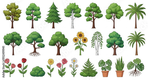 Diverse collection of vibrant trees and plants, showcasing natures beauty and variety in a colorful display.