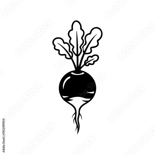 Simple black and white illustration of a beets vegetable with green leafy tops