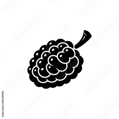 Black and white illustration of a stylized mulberry fruit with a stem
