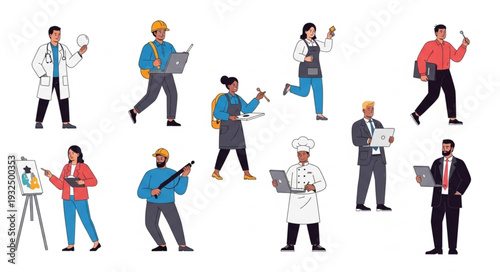 Diverse group of professionals showcasing various occupations in a vibrant illustration.