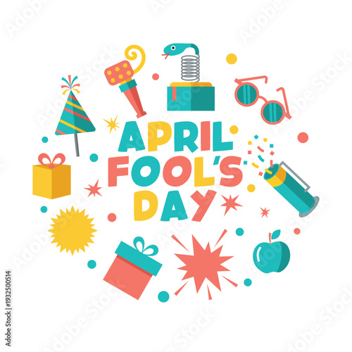 April fools day vector illustration background with colorful party icons and typography