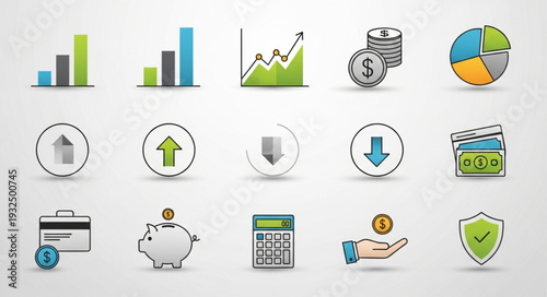 Financial and business icons representing growth, savings, and investment strategies for success.