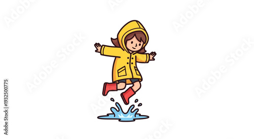 Vector illustration of a girl in yellow raincoat jumping in puddle