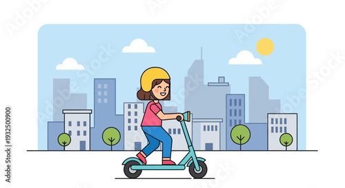 Vector illustration of a girl riding an electric scooter in a city