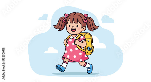 Vector illustration of a happy little girl running with a backpack