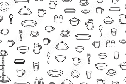  Seamless pattern featuring various kitchenware items like cups, plates, and utensils. This vector illustration is ideal for kitchen-themed designs, backgrounds, or packaging.