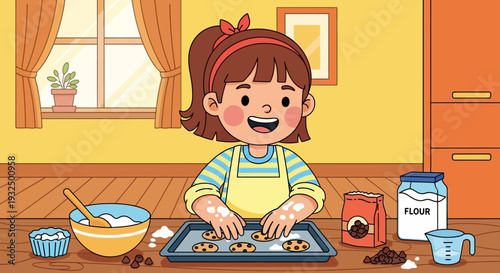 Vector illustration of a girl baking cookies in a kitchen