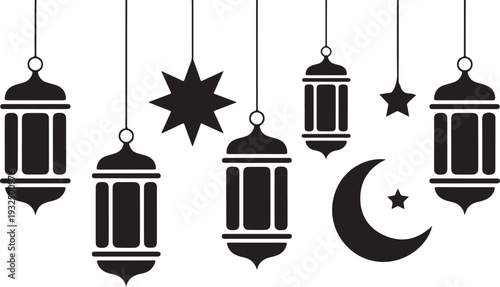 Black silhouette ornaments including hanging lanterns and celestial symbols for Islamic celebrations
