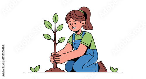 Vector illustration of a woman planting a tree