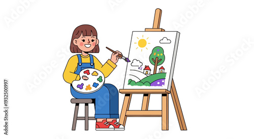 Vector illustration of woman painting on canvas