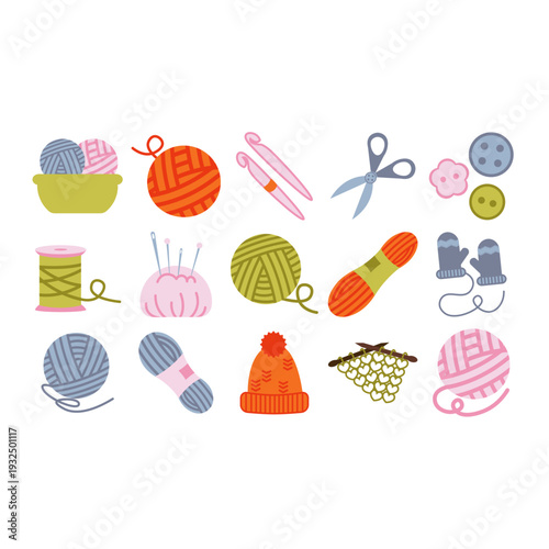 Knitting and crochet craft collection with handmade sewing equipment set. Vibrant flat vector graphics for yarn shop branding, DIY needlework blogs, knitting pattern covers, and creative workshop.