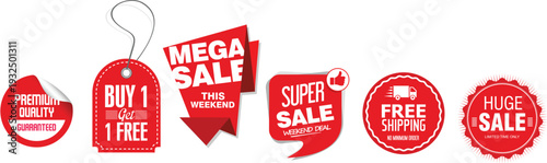 A collection of red sale tags and stickers on a white background