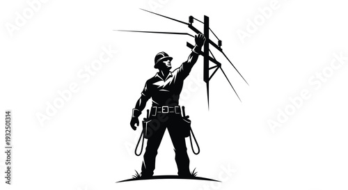 Lineman working on power lines reaching upwards in a bold silhouette