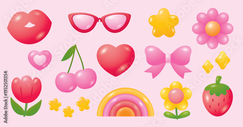 cute puffy kawaii girly graphic element set in 3d illustration vector style