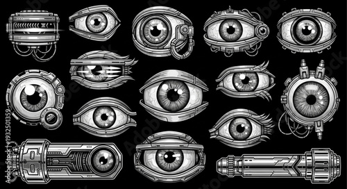 Intricate Steampunk Eye Designs - A Collection of Mechanical Eyeballs in Detailed Illustration.