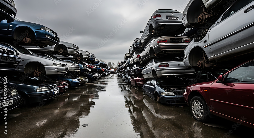 Fototapeta premium Stacked cars in a crowded parking lot on a wet surface under a cloudy sky viewed from a low angle