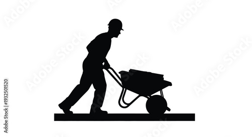 Worker pushing a wheelbarrow depicted in a stark black silhouette