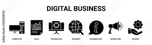 Digital Business web banner icon vector illustration concept with icons of computer, data, technology, internet, information, marketing, and service.