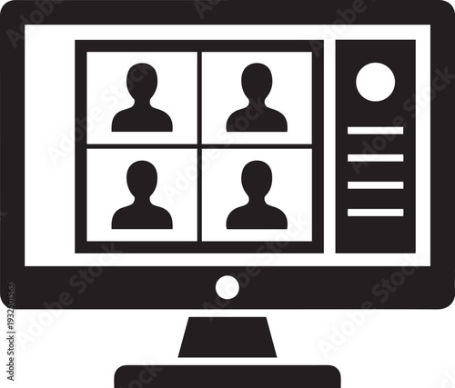 Black and white of a computer screen displaying a conference with four participants online meeting communication