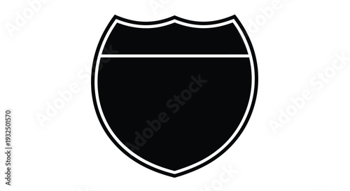 Black shield shaped road sign against a white background stark silhouette