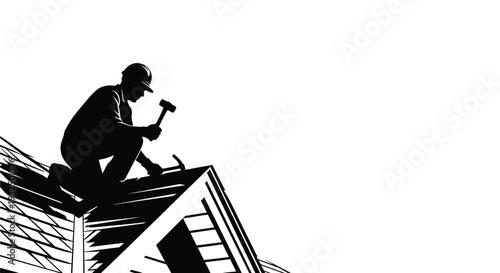 Roofer hammering on a house roof depicted in a stark silhouette