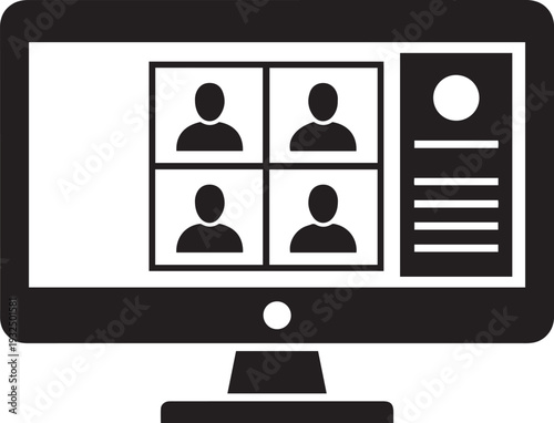 Black and white of a computer screen displaying a conference with four participants and a text area online meeting
