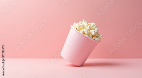 Pink cup with popcorn on a pink surface food background