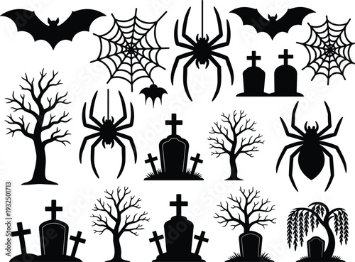Halloween Silhouette Set with Bats, Spiders, Webs and Graveyard Tombstones, Black and White Spooky Vector Collection for Horror Design and Seasonal Decoration