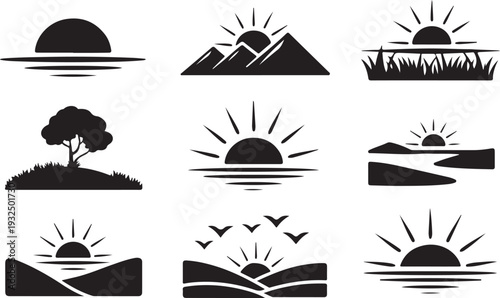 Simple black silhouettes illustrating beautiful sunrises or sunsets over various natural landscapes