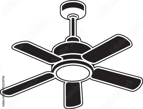 Black and white of a five blade ceiling fan ventilation air circulation appliance