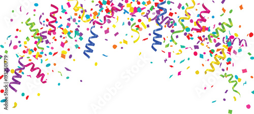 Colorful party confetti and streamers falling on a white background for celebration