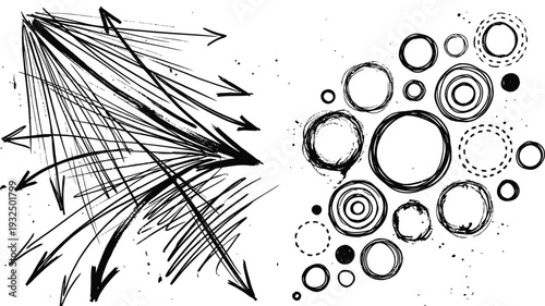 Abstract scientific illustration showing geometric shapes with circles and directional arrows