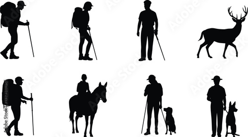 Hiker and Wildlife Silhouette Collection, Backpacker Ranger with Dog Horse and Deer Isolated Flat Vector Illustration Set
