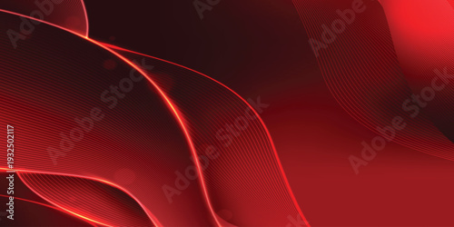 Dark red abstract background with glowing wave. Shiny moving lines design element. Modern red gradient flowing wave lines. Futuristic technology concept. Vector