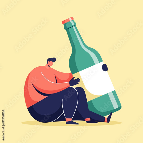 Man Hugging Giant Beer Bottle, Alcohol Addiction Concept, Sadness, Loneliness