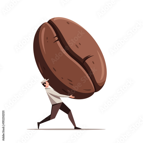 Man carrying giant coffee bean, coffee business concept, illustration