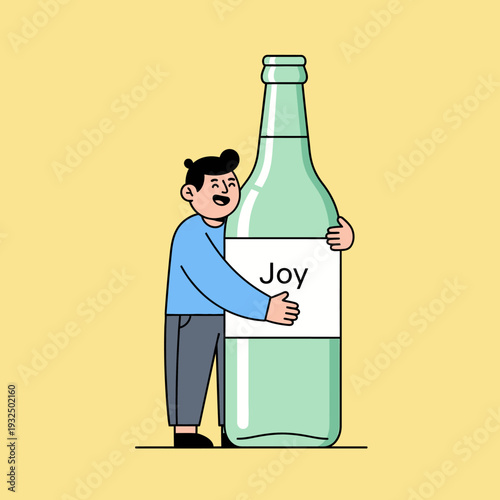 Man Hugging Large Bottle Labeled Joy