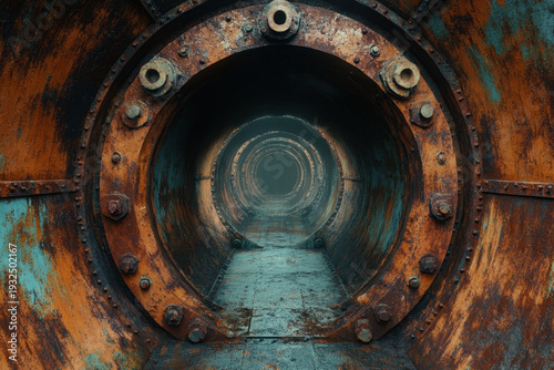 Rusty tunnel with flaky rust.