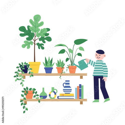 Man watering houseplants on shelves, home gardening, indoor plants, healthy lifestyle