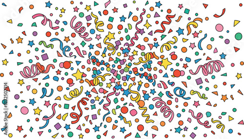 Vibrant colorful confetti explosion vector illustration with ribbons and shapes flat design