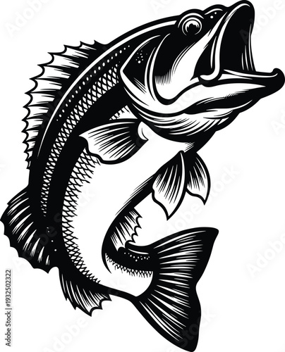 Jumping Bass Fish Illustration in Black and White, Detailed Largemouth Freshwater Game Fish Artwork for Fishing Logo, T-Shirt Design and Outdoor Branding