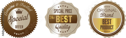 Three gold and brown quality guarantee badges for special offers and best products