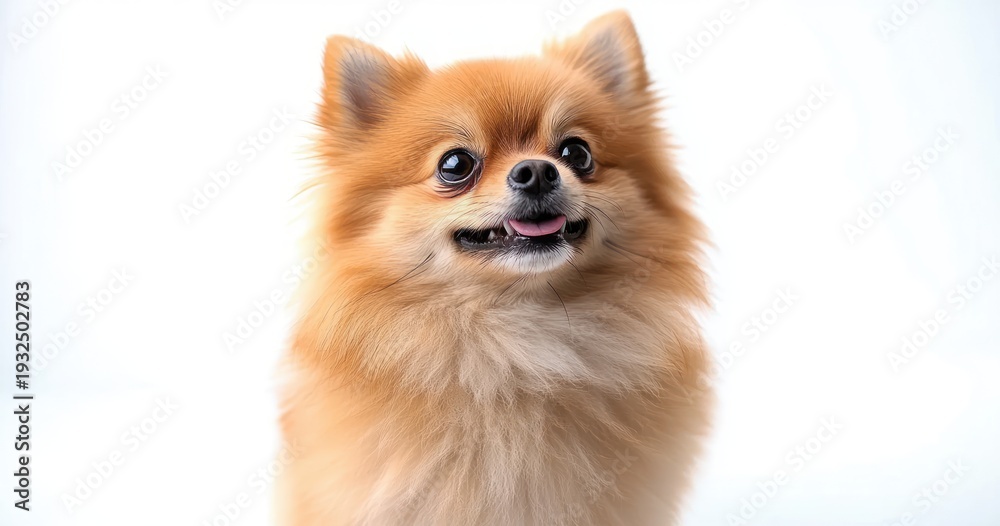 Obraz premium Fluffy tan pomeranian dog with bright expressive eyes and tongue out, cheerful alert expression on white background
