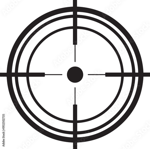 Black crosshair target reticle with concentric circles and central dot aiming scope