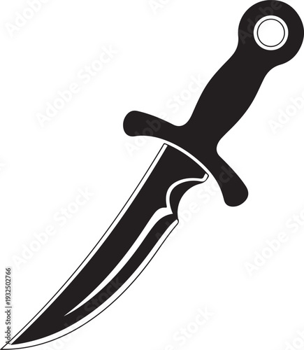 Black dagger with curved blade and circular pommel detail on white background knife sharp pointed
