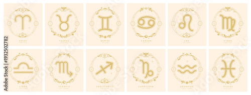 Set of magic witchcraft astrology zodiac signs with decorative floral frames. Vector illustration
