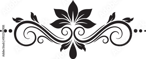 Black floral ornamental swirl with leaves and dots on white background scroll flourish