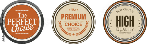 Three circular labels with premium quality text